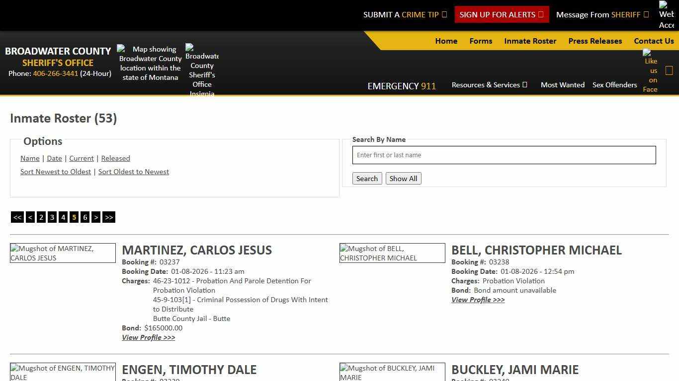 Inmate Roster - Page 5 Current Inmates Booking Date Ascending - Broadwater County Sheriff